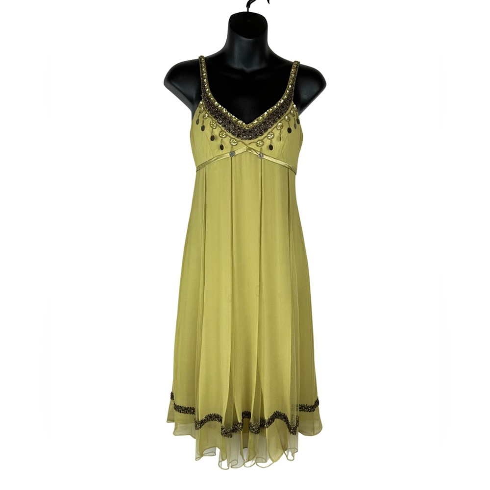Sue Wong 100% silk dress 0 green beaded fit flare lined cute date party deco